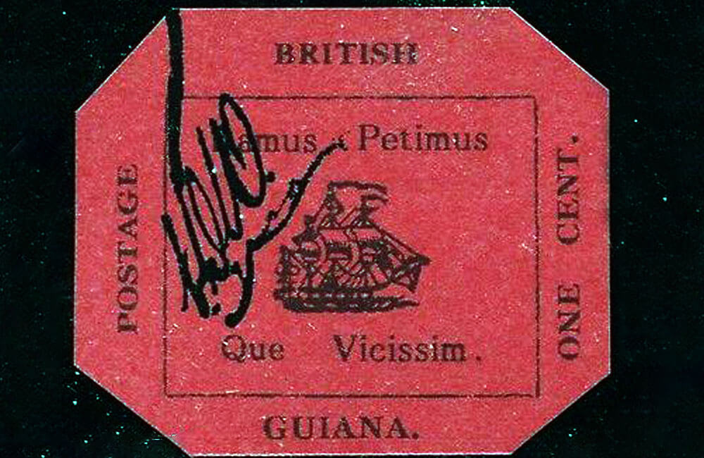 1856 1-Cent Magenta Stamp from British Guiana Stamp @whitetiger_8881 / Pinterest.com